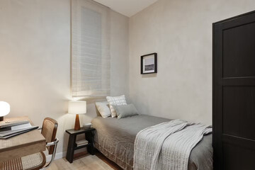 Modern luxury bedroom interior in minimal scandinavian style, 3d render