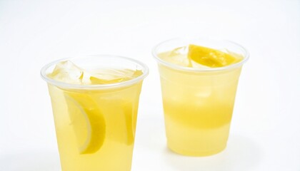 Plastic cups with lemonades on white background 