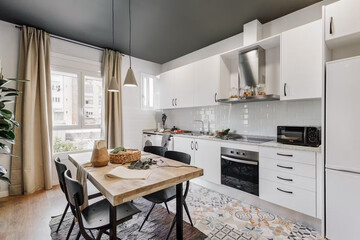 Modern luxury kitchen interior in minimal scandinavian style, 3d render