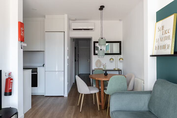 Modern luxury kitchen interior in minimal scandinavian style, 3d render