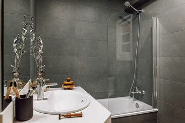 Modern bathroom interior in minimal scandinavian style, 3d render
