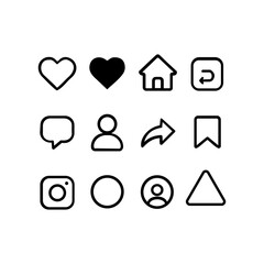 A clean, minimalist collection of common social media icons, including hearts, a house, a speech bubble, a person, and a camera.