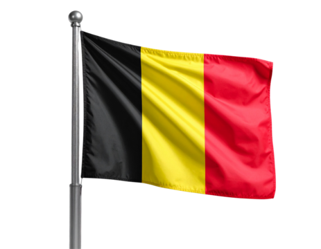 Belgium National Flag on Metal Pole, Waving with Gentle Wind, Isolated PNG