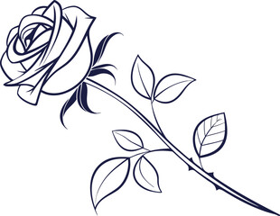 Vector art of single rose flower with stem and leaves, isolated on white background