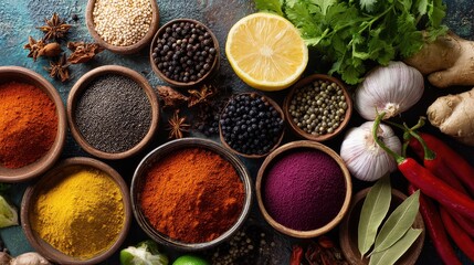 Assorted spices and herbs in small bowls with fresh garlic lemon chili peppers and greens for cooking and flavo