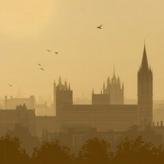 Obraz premium City skyline shrouded in hazy golden light.