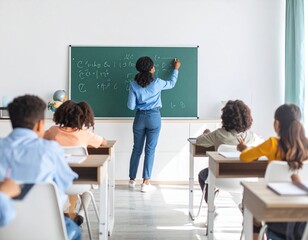 teacher writing on chalkboard with attentive students in classroom