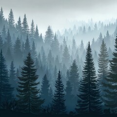 Fototapeta premium Misty evergreen forest scene.