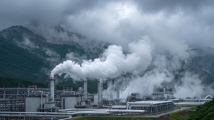 A large industrial complex with smokestacks emitting white smoke, surrounded by mountains and a cloudy sky. The industrial area is surrounded by lush greenery and a river.