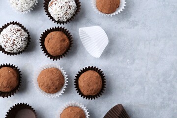 Delicious homemade candies with cocoa powder and coconut flakes on light grey table, flat lay. Space for text