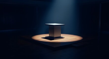 Podium Spotlight: A solitary podium stands under a focused beam of light, evoking a sense of anticipation and mystery, hinting at the importance of an event.
