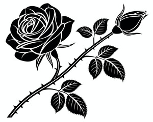Vector art of black and white silhouette of a rose with a bud and leaves isolated on white background