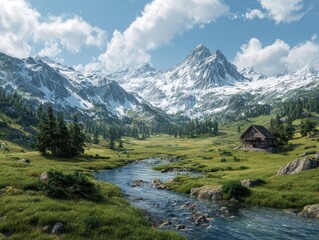 Tranquil Alpine Valley: Snow-Capped Peaks Surrounding a Pristine River Through Green Meadows and a Quaint Chalet