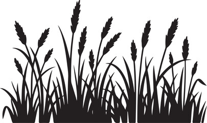 A detailed silhouette illustration of tall cattails and marsh grass.