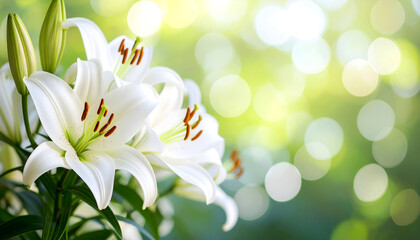 Close Up Shot of Delicate White Lilies with Yellow Stamens and Green Leaves against a Bokeh Background