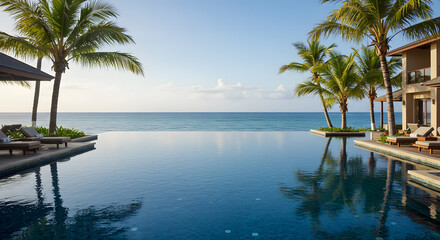 Serene Ocean View Palm Trees, Infinity Pool, and Tranquil Horizon