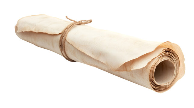 Unfurling ancient parchment scroll tied with rustic twine, perfect for historical projects and storytelling isolated on white background