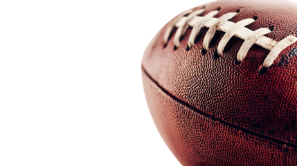 Close up textured view of a classic American football showing detailed stitching and rich leather surface isolated on white background