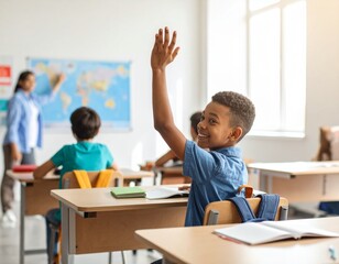 Fototapeta premium boy raising hand during class in back to school scene