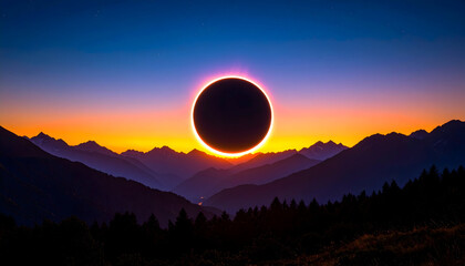 Solar Eclipse Phenomenon Silhouette View Over Mountain Range During Sunset With Orange And Blue Sky