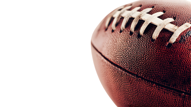 Close up textured view of a classic American football showing detailed stitching and rich leather surface isolated on white background