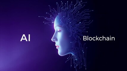 A woman s digital profile merges with abstract lines representing artificial intelligence Blockchain technology and futuristic concepts are visualized on a dark purple background - Powered by Adobe