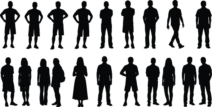 Collection of male and female standing silhouettes, people in casual outfits and natural poses, ideal for profile design, infographic, or creative project use