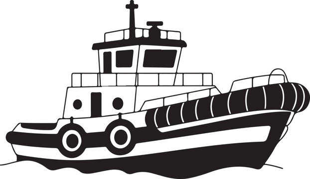 black and white tugboat on water clip art preview