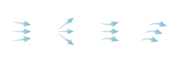 Air flow. Set of blue arrows showing direction of air movement. Wind direction arrows. Blue cold fresh stream from the conditioner. Vector illustration isolated on transparent background.