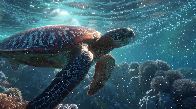 Hyperrealistic underwater scene with graceful sea turtle over coral reef, serene magical light