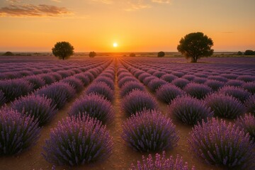 Organic Lavender Fields at Golden Hour with Sustainable Agriculture and Aromatherapy Tourism