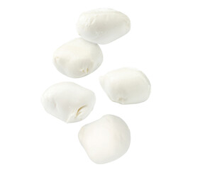 Mozzarella cheese balls falling against white background
