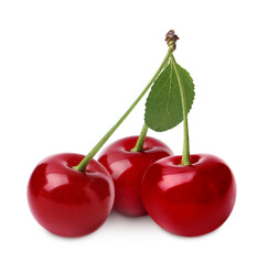 Red juicy cherries isolated on white. Summer fruit