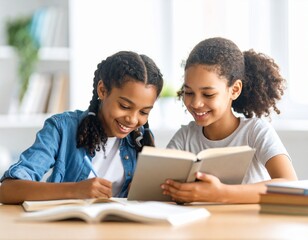 Obraz premium group of diverse girls studying with textbooks at school desk