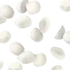 Mozzarella cheese in air against white background