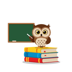 Obraz premium An adorable owl teacher stands proudly on a stack of colorful books next to a green chalkboard inspiring young minds