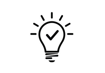 Vector illustration of simple black and white line art icon of a lightbulb with a checkmark inside, symbolizing a good idea or solution, isolated on white background