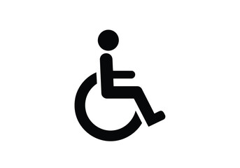 Vector illustration of black and white pictogram of a person in a wheelchair, symbolizing accessibility and disability, isolated on a white background