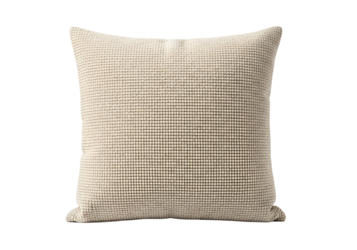 A neutral, textured, square decorative pillow displays a subtle grid pattern.