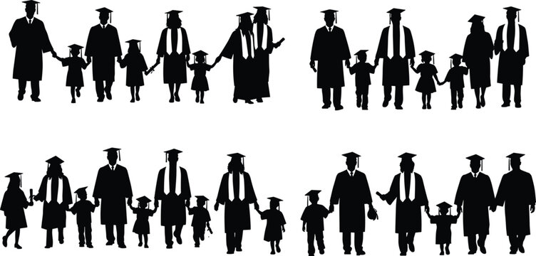 Silhouette vector illustration of graduating families with children and parents in caps and gowns, ideal for education designs, graduation themes, and celebration graphics