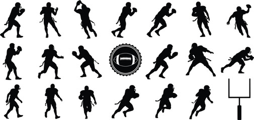 Silhouettes of American football players in action, running, passing, and catching, vector sports illustration with helmet, goalpost, and football emblem ©  Alexander Creations