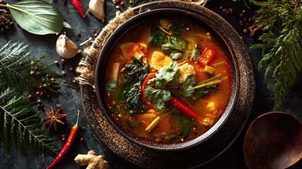 Traditional flavorful vegetable soup with fresh herbs spices and colorful vegetables served in a rustic bowl