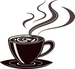 Vector art of dark coffee cup with swirling steam, isolated on white background