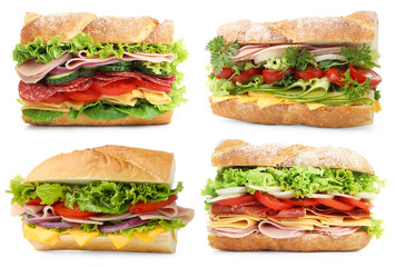 Many tasty sandwiches isolated on white, set