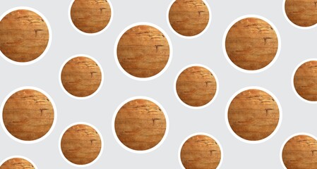 Circular patterns, modern art mixed with antiquity. Wood floor element, repetitions. Sustainability, minimalism, futurism. Image manipulation