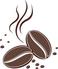 Vector art of two brown coffee beans with steam isolated on a white background