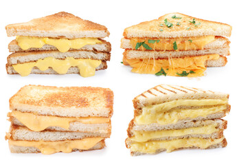 Tasty sandwiches with cheese isolated on white, set