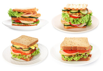 Many tasty sandwiches isolated on white, set