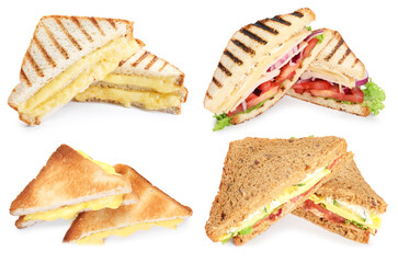 Many tasty sandwiches isolated on white, set