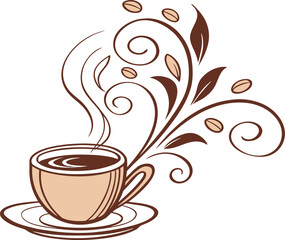 Vector art of cup of hot coffee with steam and decorative swirls isolated on white